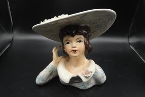 Handbemalte Nippon Southern Belle 6" Frauenkopf Vase riesiger Hut-blau Blumenkleid - Bild 1 von 12