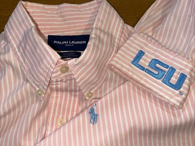 Camisa de Golf Ralph Lauren Hombres L Rayas Rosa Tilden Bordada LSU Preppy Resort Foto 1 de 4