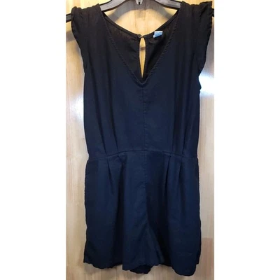 Old Navy Women's Romper Black Small Petite OLX SL Flutter Linen Blend Keyhole - Image 1 of 4