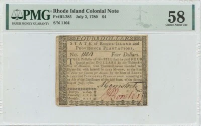 1780 July 2 $4 Rhode Island Colonial Note RI-285 PMG AU58 Issued - Image 1 of 2