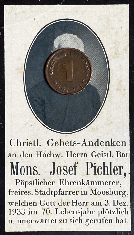 Sterbebild Totenzettel Stadtpfarrer Moosburg Pichler 1933  (STB5) - Bild 1 von 1