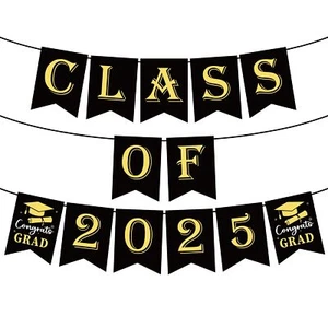 2025 Graduation Banner Class of 2025 Black Gold Backdrop for Party Decorations - Picture 1 of 6