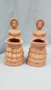 2 Vintage Haeger Pottery Woman Holding Basket Planter Pink Mauve Matte Bonnet  - Picture 1 of 8