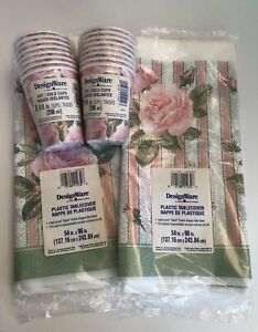 DesignWare Victory Garden Pink Roses Rosebud Plastic Table Covers Hot Cold Cups