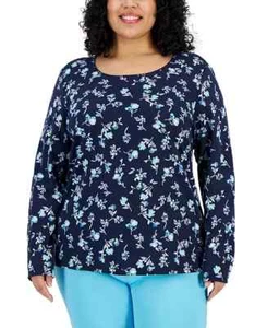 KAREN SCOTT WOMENS Plus Size Floral-Print Long-Sleeve Top Blue SZ 1X - Picture 1 of 4