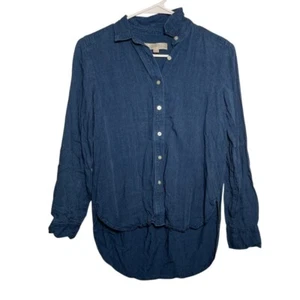 Loft Blouse Women's Petite XS Blue Button Up Collared Shirt Top Round Hem Tunic - Picture 1 of 8