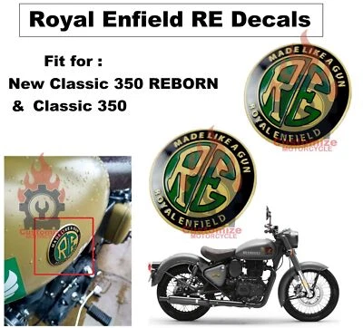 Calcomanías de tanque Royal Enfield "RE (Hechas como una pistola)" para "Nuevo clásico 350 REBORN" Foto 1 de 4