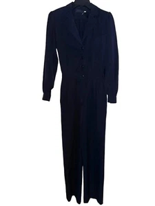 ESCADA SRB Women 34 XS Button Navy Blue Jumpsuit Wool Boiler VTG Shoulder Pads - Picture 1 of 11