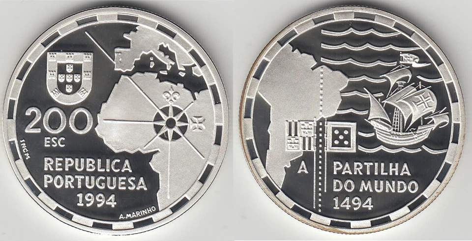 1994 Portugal Large Proof Silver 200 Esc Discovery-Dividing the World/Ship - Image 1 of 1