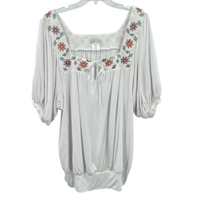 La Rok Women's White Boho Blouse, Sz. L, Embroidered Beaded Square Neck Viscose - Image 1 of 4