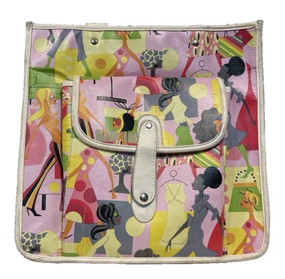 Vintage Vinyl with Leather Trim Zippered Tote 70's Pattern Handles Side Pocket - Image 1 of 4