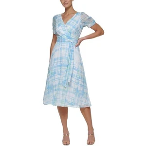 DKNY Womens Puff Sleeve Plaid Midi Dress Blue 14 - Picture 1 of 2