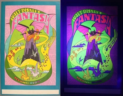 RARE Walt Disney 1970 FANTASIA Psychedelic Technicolor Blacklight Movie Poster - Image 1 of 4