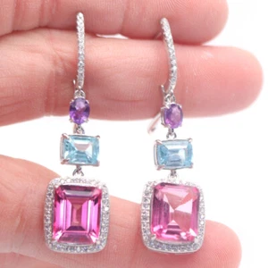 Gemstone Pink - Sky Blue Topaz, Amethyst & Zircon Earrings 925 Silver - Picture 1 of 4