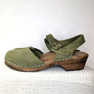 Lotta From Stockholm Wood & Leather Clogs Green 38 - Picture 1 of 11