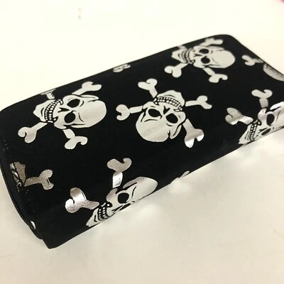 Black And White Skull Long Thick Bifold Wallet, 8x4x1.5”, 2 Compartment Dual Zip - Image 1 of 4