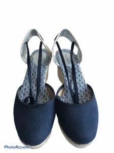Lands End Womens Espadrilles Wedge Heels Shoes Blue Fabric High Heel 5 - Picture 1 of 5