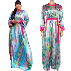 Islamic Satin African Abaya Dubai Women Maxi Dress Long Sleeve Robe Party Gown - Bild 1 von 14