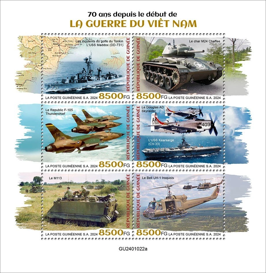 Guerra de Vietnam 70 Aniversario Aviones Tanques Barcos MNH Estampillas 2024 Guinea M/S Foto 1 de 1