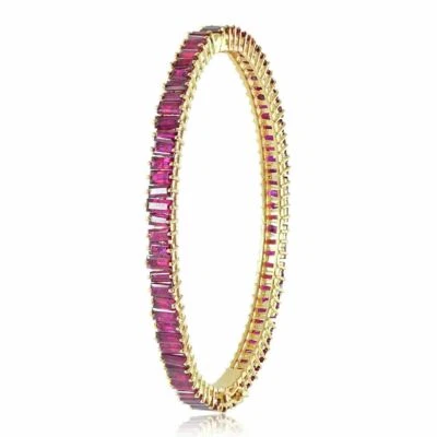 Solid 14k Yellow Gold Natural Ruby Baguette Bangle Bracelet Wedding Gift Jewelry - Image 1 of 3