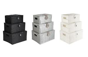 Set of 3 Wicker Basket Hamper with Lid Storage Gift Box Resin