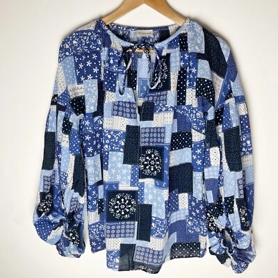 malene birger Patchwork Blouse Blue Cotton Balloon Sleeve Size 34 - Image 1 of 4