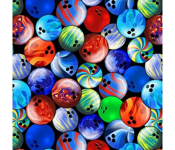 BLANK QUILTING Rock N Bowl Fabric Designer 110cm wide Ten Pin Bowling Balls BL2184-77