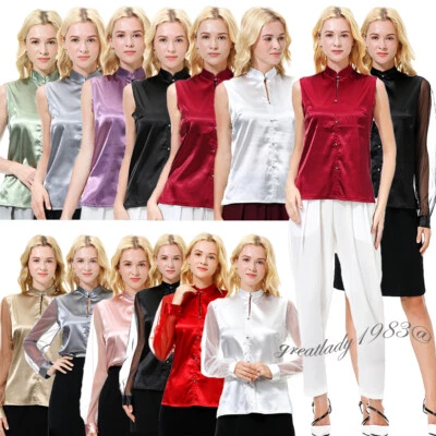 New Women Spring Satin Tops Shirt Front Buttons T-shirt Long Sleeve Blouse Tops - Image 1 of 4