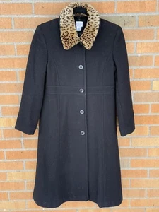Talbots KIDS Girls Black Wool Dress Coat Removable Faux Cheetah Fur Collar Sz 14 - Picture 1 of 6