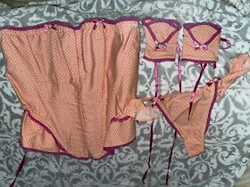 Ann Summers ANGEL DELIGHT Peach White dots Corset size 12 & thong size 8 & cuffs