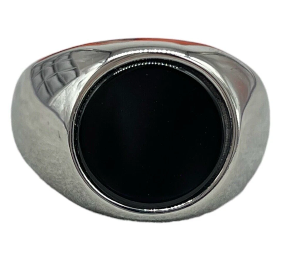 Anello Uomo Pietra nera rotonda liscia onice misura30 in acciaio stainless steel - Immagine 1 di 4