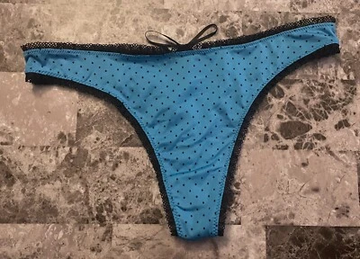 VICTORIA'S SECRET SEXY LITTLE THINGS L BLUE LACE UP VINTAGE RARE THONG PANTIES - Image 1 of 4