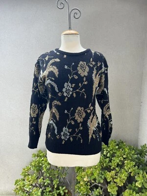 Suéter glam pulôver vintage Top Cristina’s preto metálico floral tamanho M - Imagem 1 de 4