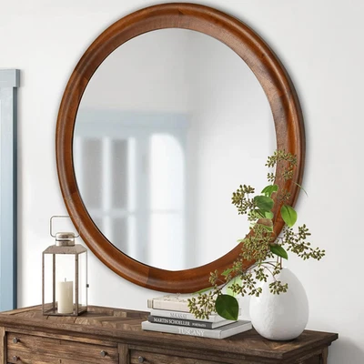 round Wall Mirrors 30 Inch,Wood Rustic Decorative Transitional Mirror with Walnu - Image 1 of 4