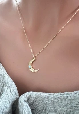 Opal Crescent Moon Necklace Gold Celestial Necklace Moon Charm Moon Jewelry Gold - Image 1 of 4
