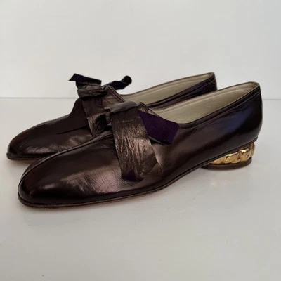 Zapatos estilo Oxford de cuero púrpura Frattegiani de la década de 1950 raros con tacones de cerámica dorada Foto 1 de 4