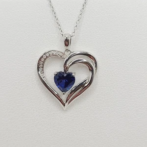 Sterling Silber Lab Created blauer Saphir & 1/10ct Diamant Herz Anhänger - Bild 1 von 15