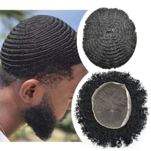 Full Lace Afro Curl Mens Toupee African American Human Black Hair Curly Systems - Picture 1 of 23