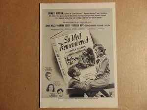 1947 SO WELL REMEMBERED Movie Trade Release John Mills vintage art print ad - Picture 1 of 1