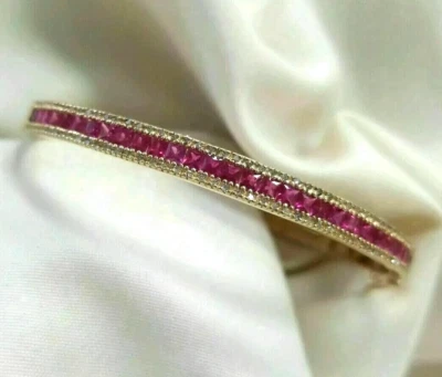 5Ct Princess Cut Ruby Lab-Created Women's Bangle Bracelet 14K Yellow Gold Plated - Image 1 of 4