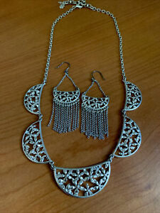 Lucky Brand Jewelry Set Necklace Dangle Earrings Silver Flowers Boho Chain 