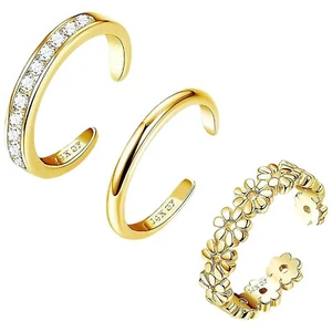 Womens Toe Ring Set Gold Plated Zirconia Flower Design Adjustable Foot Jewelry - Picture 1 of 3