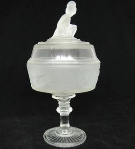 Westward Ho Frosted Glass Compote Covered Pedestal Dish Figural Finial Repro? - Picture 1 of 11