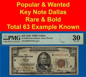 1929 $50 National Currency - PMG 30 - FRBN Dallas - Very-Fine Key Note Fr 1880-K - Picture 1 of 3
