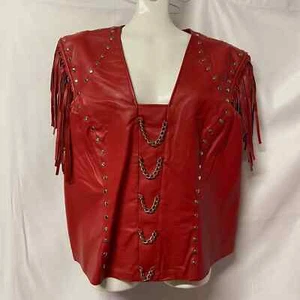Chaleco de cuero galería con flecos para mujer talla XL usado una vez rojo tachonado - Imagen 1 de 7