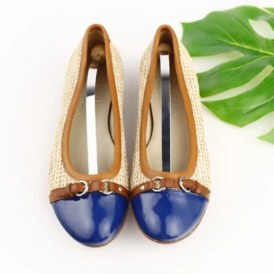 AGL Women Monika Ballet Flat Size 41.5 11.5 Tan Woven Raffia Blue Cap Toe Shoe - Image 1 of 4