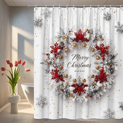 Red Gold Christmas Wreath Shower Curtain – Holiday Bathroom Decor - Image 1 of 4
