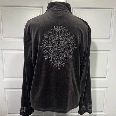 Charter Club Velour Full Zip Jacket Embroidered Scrollwork Detail Gray Soft Coat - Image 1 of 4