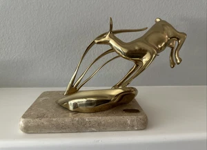 Vintage Bijan Sculpture Brass Jumping Gazelle Deer Doe With Marble Base MCM - Picture 1 of 16