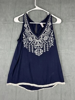 Womens Embroidered Exhilaration Blue White Tank Top Size Small S Zip Back - Image 1 of 4